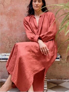 J. Crew NWT Cabana 100%Linen Burnt Orange Maxi Dress Sz S Long Sleeve Lagenlook
